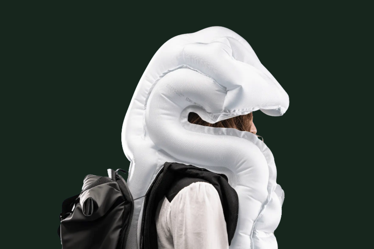 Bicycle airbag backpack blows up womb like head and neck protection
